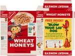 NABISCO "SUGAR SWEET WHEAT HONEYS" CEREAL BOX FLAT FILE COPY WITH "'BLOW YOUR LID' DOG" OFFER.