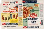 POST "GRAPE=NUTS FLAKES" FILE COPY CANADIAN CEREAL BOX FLAT WITH "FAMOUS INDIAN ARROWHEAD" PREMIUM.