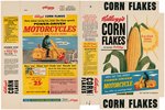 KELLOGG'S "CORN FLAKES" FILE COPY CEREAL BOX FLAT WITH "POWER-DRIVEN MOTORCYCLES" OFFER.