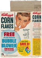 KELLOGG'S "CORN FLAKES" CEREAL BOX WITH PROTOTYPE "FLYING SUPERMAN" PREMIUM ORIGINAL ART.