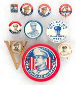 GENERAL MAC ARTHUR TEN SCARCE TO RARE WWII ERA BUTTONS PLUS "V" PIN.