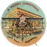 SANTA IN EARLY BI-PLANE BUTTON  FROM WANAMAKERS SHOWING "STYLE A" BUILDING.