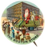 SANTA IN GIFT LADEN SLEIGH WITH CROWD OF PEOPLE AND THE BOSTON STORE EARLY BUTTON.