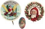 SANTA BUTTON PAIR FROM WANAMAKERS W/WREATH & AIRSHIP PLUS SANTA CELLO CLIP.