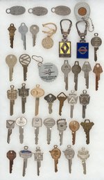 CAR KEY FOBS (8) AND CAR KEYS (30) WITH CAR NAMES OR LOGO DESIGNS C. 1920s-1970s.