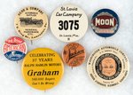 SIX RARE CAR BUTTONS PLUS MIRROR RELATED TO ST. LOUIS, LOS ANGELES, SAN FRANCISCO, ETC.