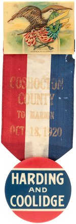 LARGE "HARDING AND COOLIDGE" BUTTON ON RIBBON BADGE.
