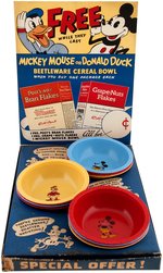 MICKEY MOUSE & DONALD DUCK POST CEREAL STORE DISPLAY WITH SIGN AND PREMIUM BEETLEWARE CEREAL BOWLS.