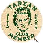 "TARZAN VITA HEARTS CLUB MEMBER RARE 1930s PREMIUM LITHO TIN BUTTON.