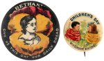 TWO RARE CHILDREN & FLOWERS OUTSTANDING BUTTON DESIGNS C. 1899 AND 1910.