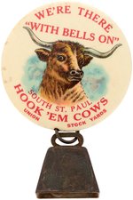 SOUTH ST. PAUL STOCK YARDS BUTTON LONG HORN STEER "WE'RE THERE 'WITH BELLS ON'".