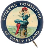 SUPERB COLOR & DESIGN RARE BUTTON FOR CITIZENS COMMITTEE OF CONEY ISLAND.