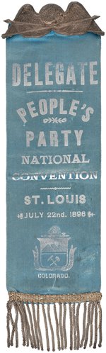 BRYAN "COLORADO DELEGATE PEOPLE'S PARTY" 1896 CONVENTION RIBBON.