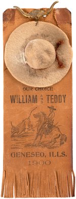 McKINLEY & ROOSEVELT "OUR CHOICE WILLIAM AND TEDDY" RARE ILLINOIS LEATHER RIBBON.