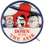 DOWN WITH THE AXIS CARTOON BUTTON WITH AXE SEVERING THE HEADS OF AXIS LEADERS.