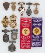 KNIGHTS TEMPLAR 1876 TO 1895 TEN CONVENTION BADGES AND TWO RIBBONS WITH CELLULOID ACCENTS.