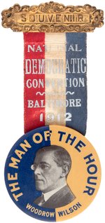 WILSON "THE MAN OF THE HOUR" BUTTON ON 1912 BALTIMORE CONVENTION RIBBON BADGE.