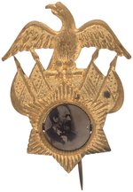 RARE GARFIELD FERROTYPE IN ORNATE BRASS SHELL BADGE.