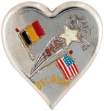 USA/BELGIUM FLAGS WITH 1945 SHOOTING STAR SMASHING A SWASTIKA FIGURAL HEART SHAPED PIN.