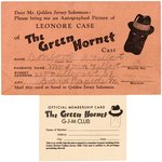 "THE GREEN HORNET G-J-M CLUB" CARD & "LEONORE CASE" PICTURE OFFER POSTCARD.