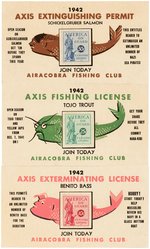 WORLD WAR II RARE ANTI-AXIS "AIRACOBRA FISHING CLUB" WAR STAMP HOLDER TRIO.