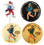 THREE CARTOON BUTTONS AND FIGURAL STICKPIN SHOWING UNCLE SAM ON HIS WAY TO CUBA.