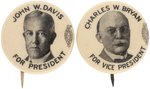 DAVIS & BRYAN "FOR PRESIDENT" & "FOR VICE-PRESIDENT" BUTTONS MAKING A JUGATE SET.