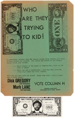 DICK GREGORY FOR PRESIDENT "WHO ARE THEY TRYING TO KID" FLYER AND DOLLAR.