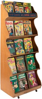 "DELL" COMIC BOOK WOODEN RACK W/VINTAGE COMIC BOOKS.