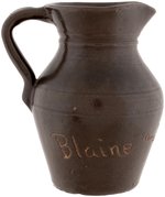 UNUSUAL & RARE "BLAINE AND LOGAN" STONEWARE PITCHER.