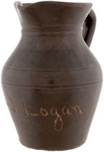 UNUSUAL & RARE "BLAINE AND LOGAN" STONEWARE PITCHER.