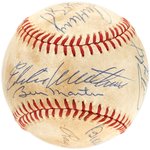 MULTI-SIGNED BASEBALL FEATURING SEVEN HOF MEMBERS.