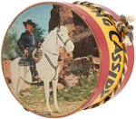 "HOPALONG CASSIDY" SMALL TOY DRUM WITH PRINTED RUBBER HEADS & DRUMSTICK.