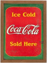 "ICE COLD COCA-COLA SOLD HERE" FRAMED 1937 TIN SIGN.