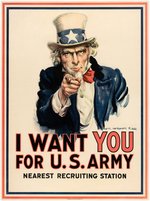 CLASSIC WORLD WAR I UNCLE SAM "I WANT YOU FOR U.S. ARMY" LINEN-MOUNTED RECRUITMENT POSTER.