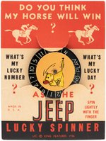 "JEEP LUCKY SPINNER" ON CARD & "POPEYE NAVY ADMIRAL" BADGE.