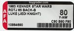 "STAR WARS: RETURN OF THE JEDI - LUKE SKYWALKER JEDI KNIGHT" 65 BACK-B AFA 80 Y-NM.