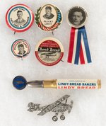 LINDBERGH  FIVE BUTTONS, ENAMEL PIN, RARE BREAD PENCIL AND RARE RHINESTONE SPIRIT OF ST. LOUIS PIN.