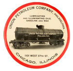 BRUSH WITH 4" DIA. CELLULOID TOP ADVERTISING "UNION PETROLEUM COMPANY" SHOWING RAILROAD TANK CAR.