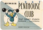 "WALT DISNEY STUDIOS - 1947 PENTHOUSE CLUB" MEMBERSHIP CARD.