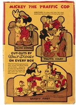 MICKEY MOUSE "POST TOASTIES CORN FLAKES" CEREAL BOX WITH CUT-OUTS & NEWSPAPER AD.