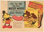 MICKEY MOUSE "POST TOASTIES CORN FLAKES" CEREAL BOX WITH CUT-OUTS & NEWSPAPER AD.