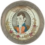 RARE "WELCOME LAFAYETTE" HAND COLORED PORTRAIT PEWTER RIM MIRROR.