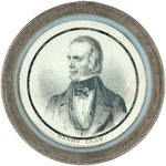 RARE CLAY AND WASHINGTON C. 1844 PEWTER RIM CAMPAIGN BADGE.