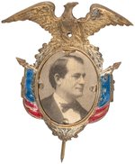 BRYAN EAGLE AND FLAGS 1896 BRASS SHELL CARDBOARD PORTRAIT BADGE.