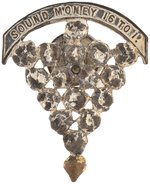 BRYAN "SOUND MONEY 16 TO 1" FIGURAL GOLD AND SILVER NUGGET STUD BACK BADGE.