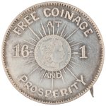 BRYAN "FREE COINAGE AT 16 TO 1 AND PROSPERITY" SILVER DOLLAR MOTIF LAPEL BADGE.