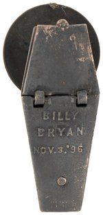 ANTI- "BILLY BRYAN FREE SILVER KNOCKED HIM OUT" MECHANICAL COFFIN LAPEL STUD.