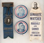 ROOSEVELT RIBBON BADGE, PAIR OF BUTTONS AND "WATCHER" RIBBON.