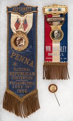 McKINLEY 1900 STICK PIN BUTTON, RNC "ALTERNATE" AND 1904 "DUNKIRK, NY" RIBBON BADGES.